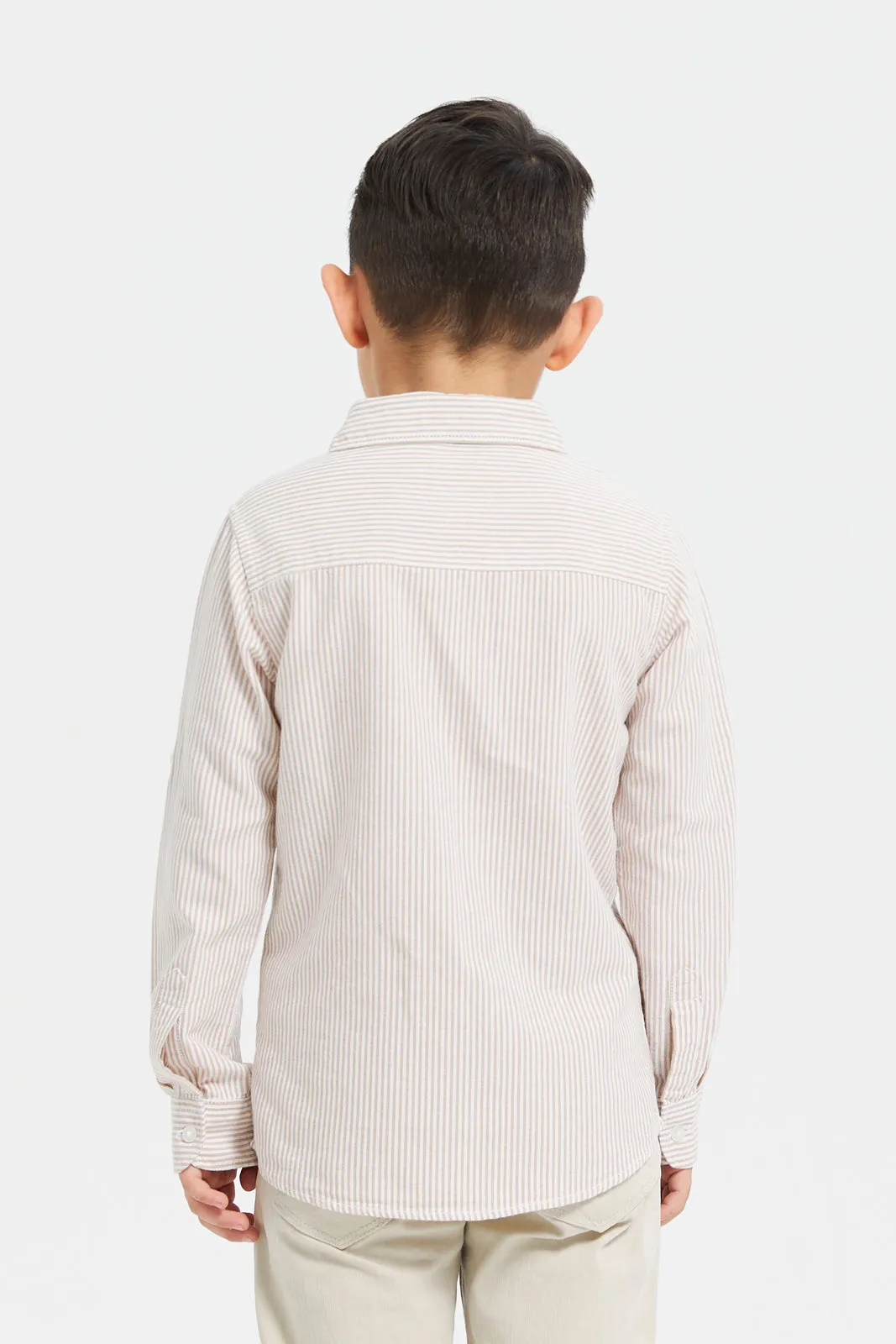 Boys Beige And White Striped Casual Shirt