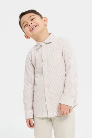 Boys Beige And White Striped Casual Shirt