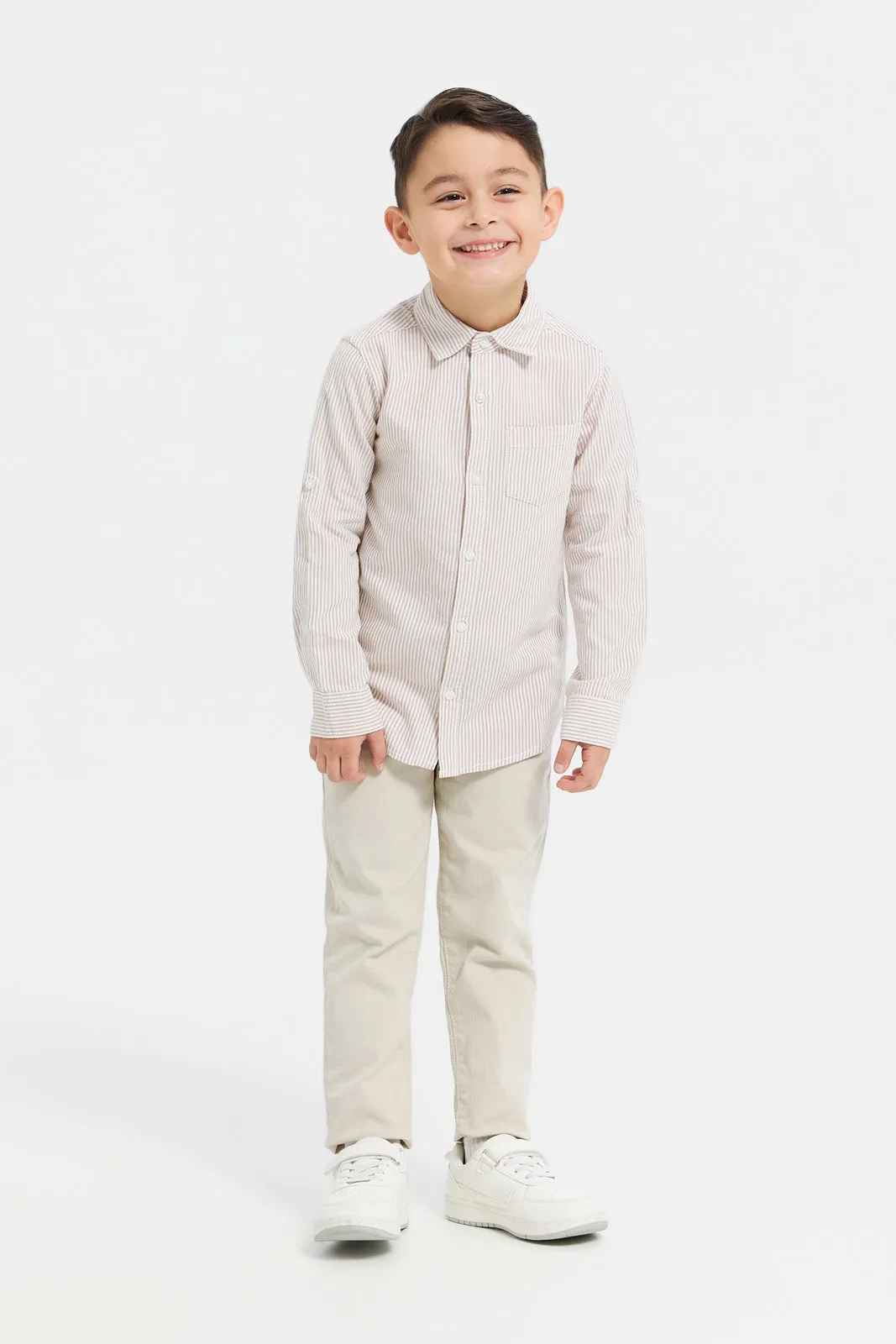 Boys Beige And White Striped Casual Shirt