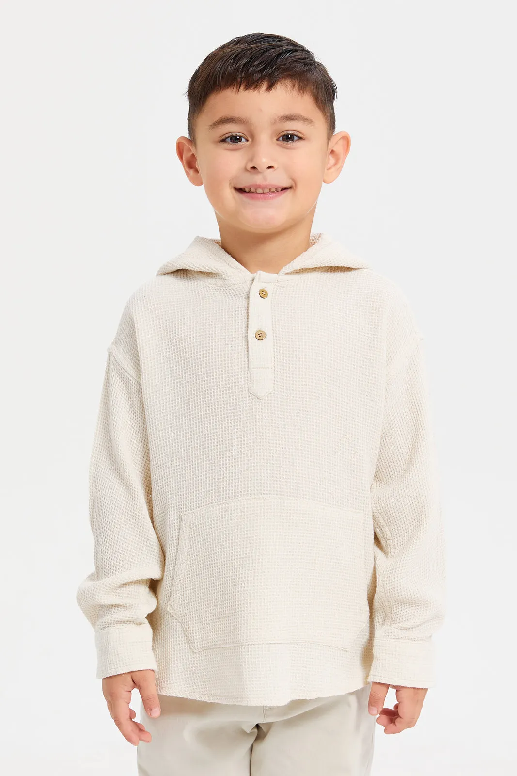 Boys Beige Loose Fit Hooded Shirt