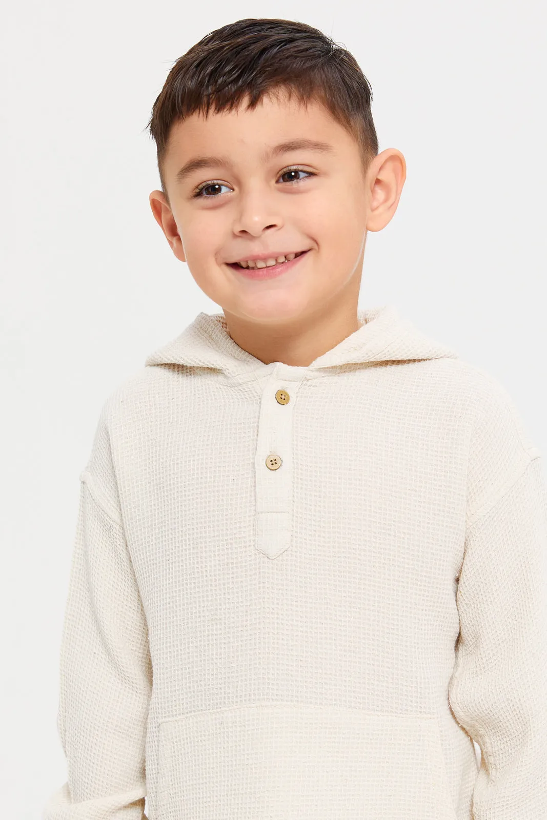 Boys Beige Loose Fit Hooded Shirt