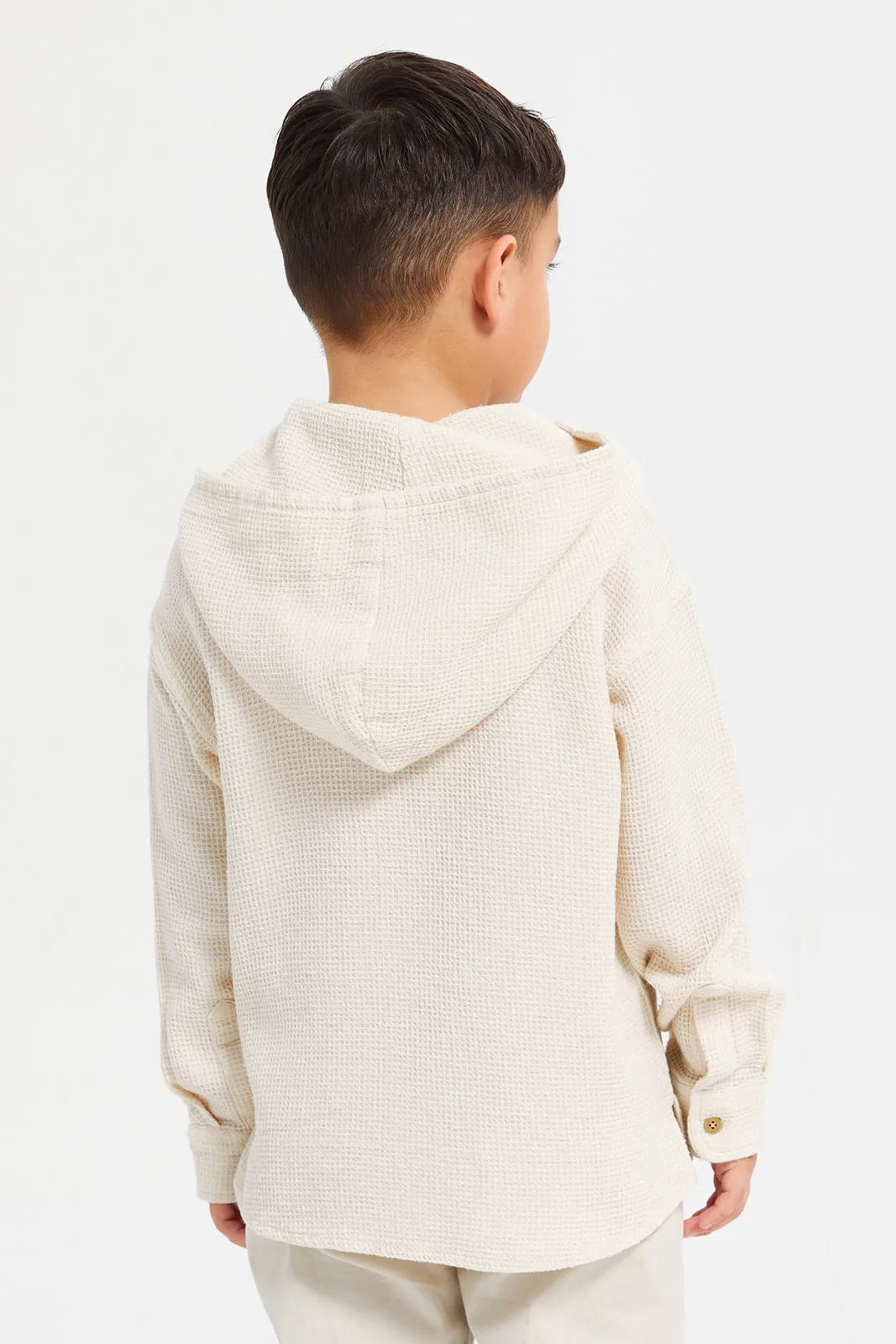 Boys Beige Loose Fit Hooded Shirt