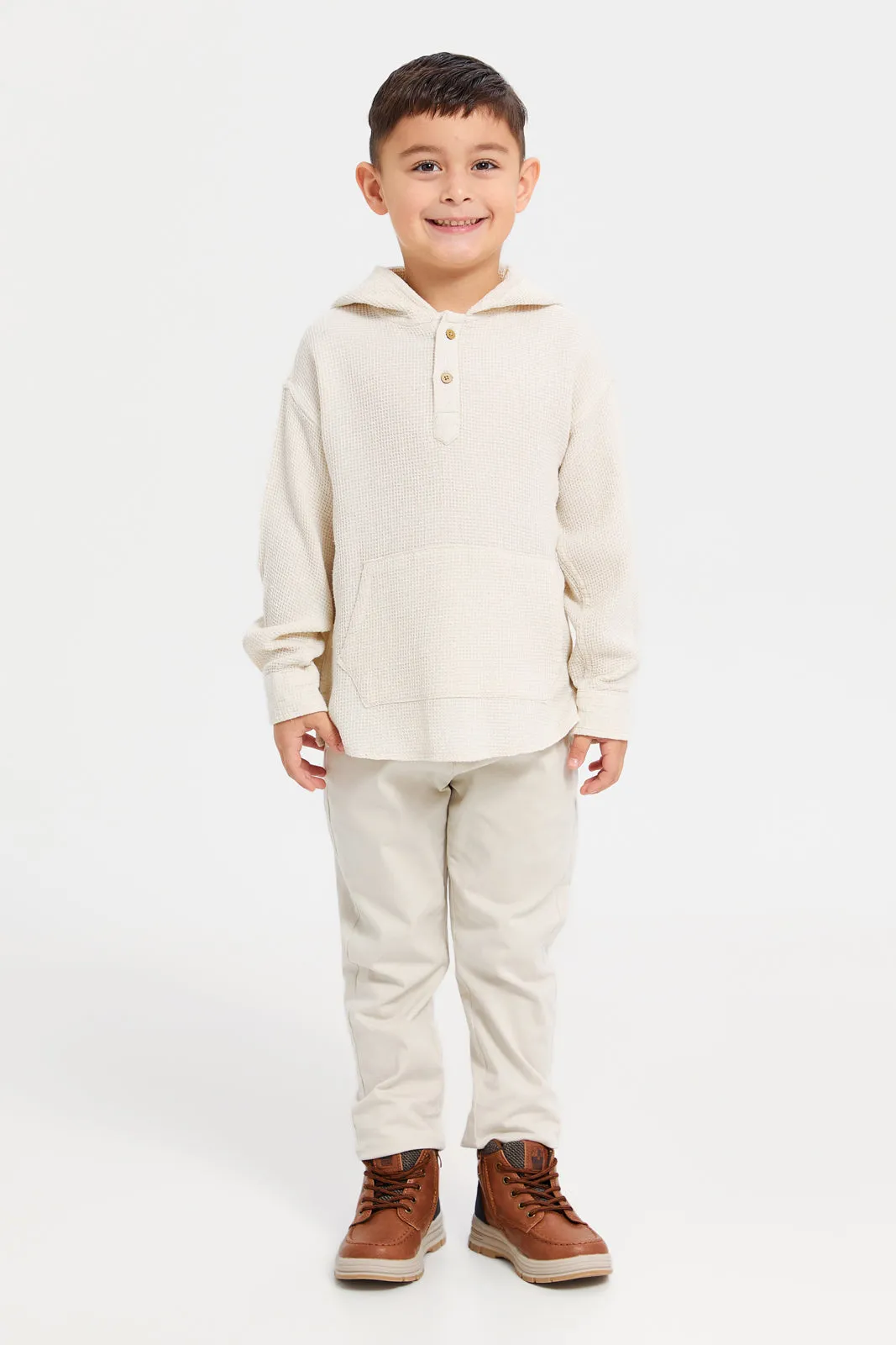 Boys Beige Loose Fit Hooded Shirt