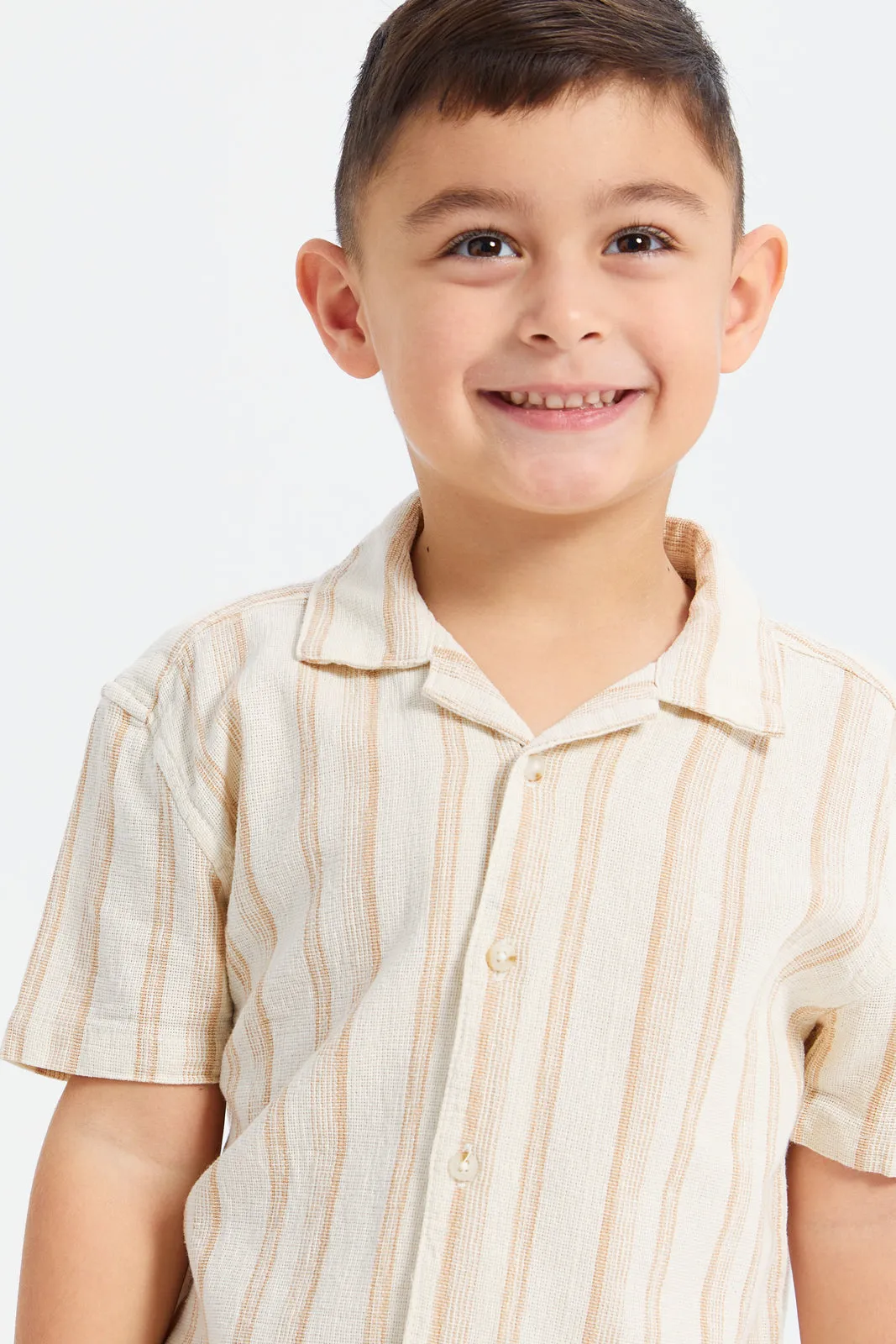 Boys Beige Resort Collar Oversized Shirt