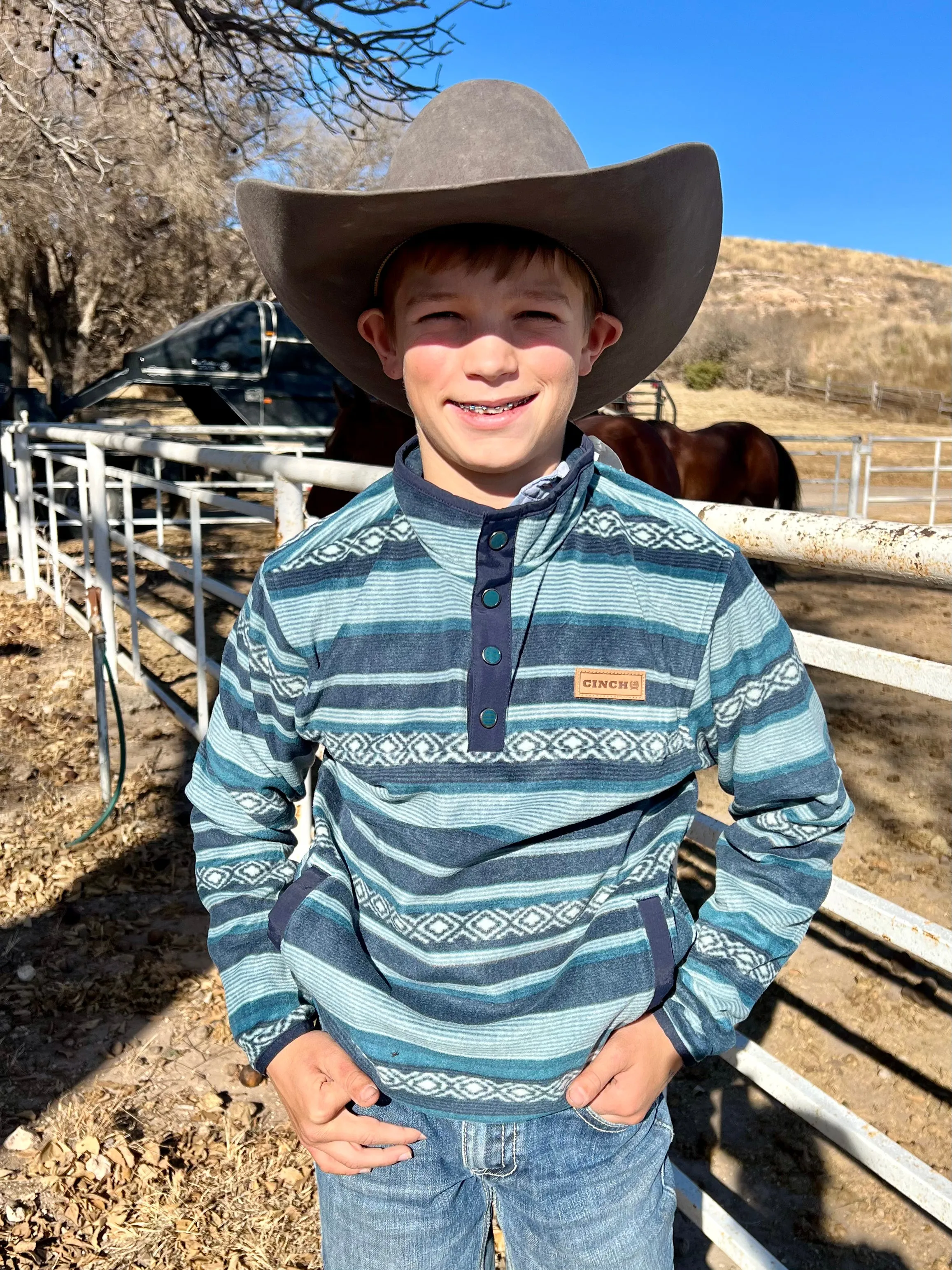 Boy's Blue Striped Print Polar Fleece Pullover by Cinch