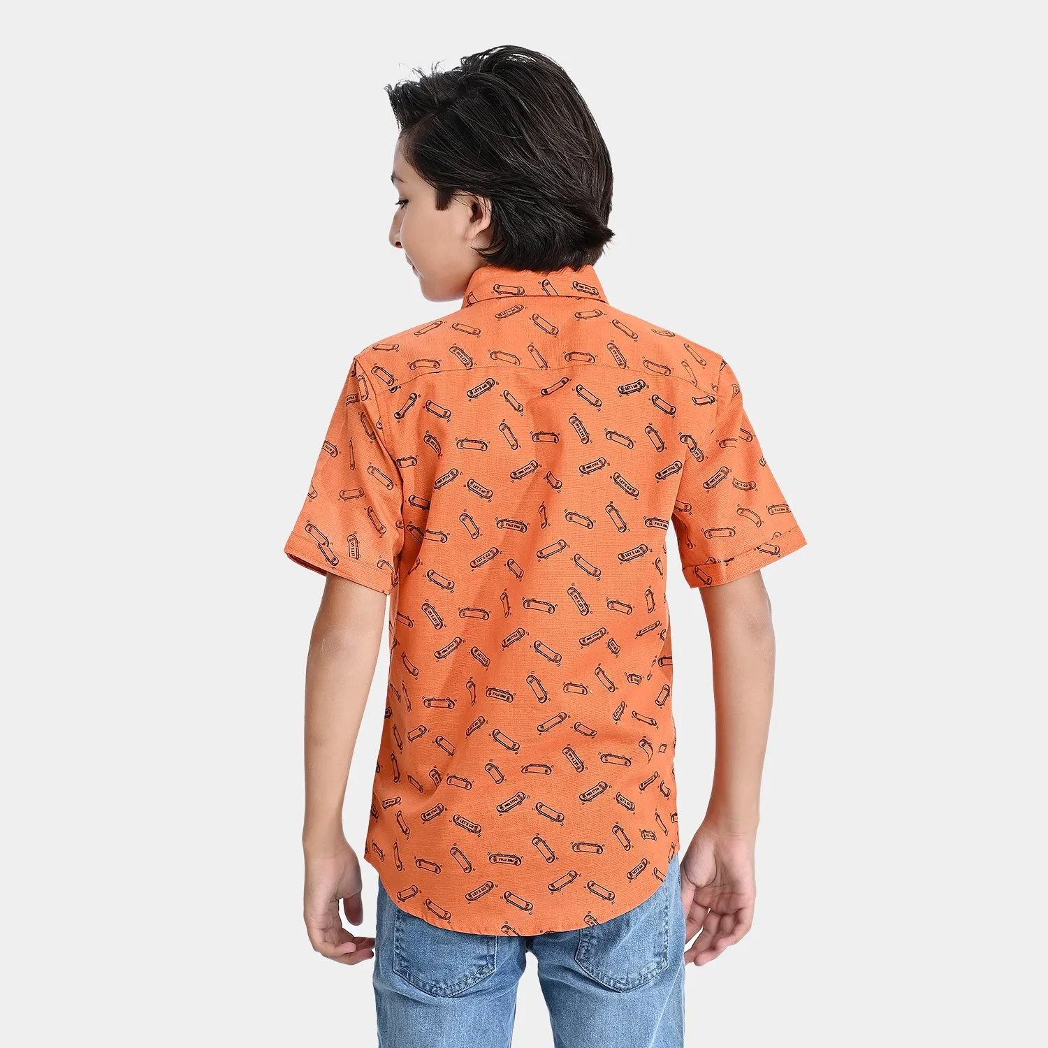 Boys Cotton Slub Casual Shirt H/S (Skate All Day)-ORANGE