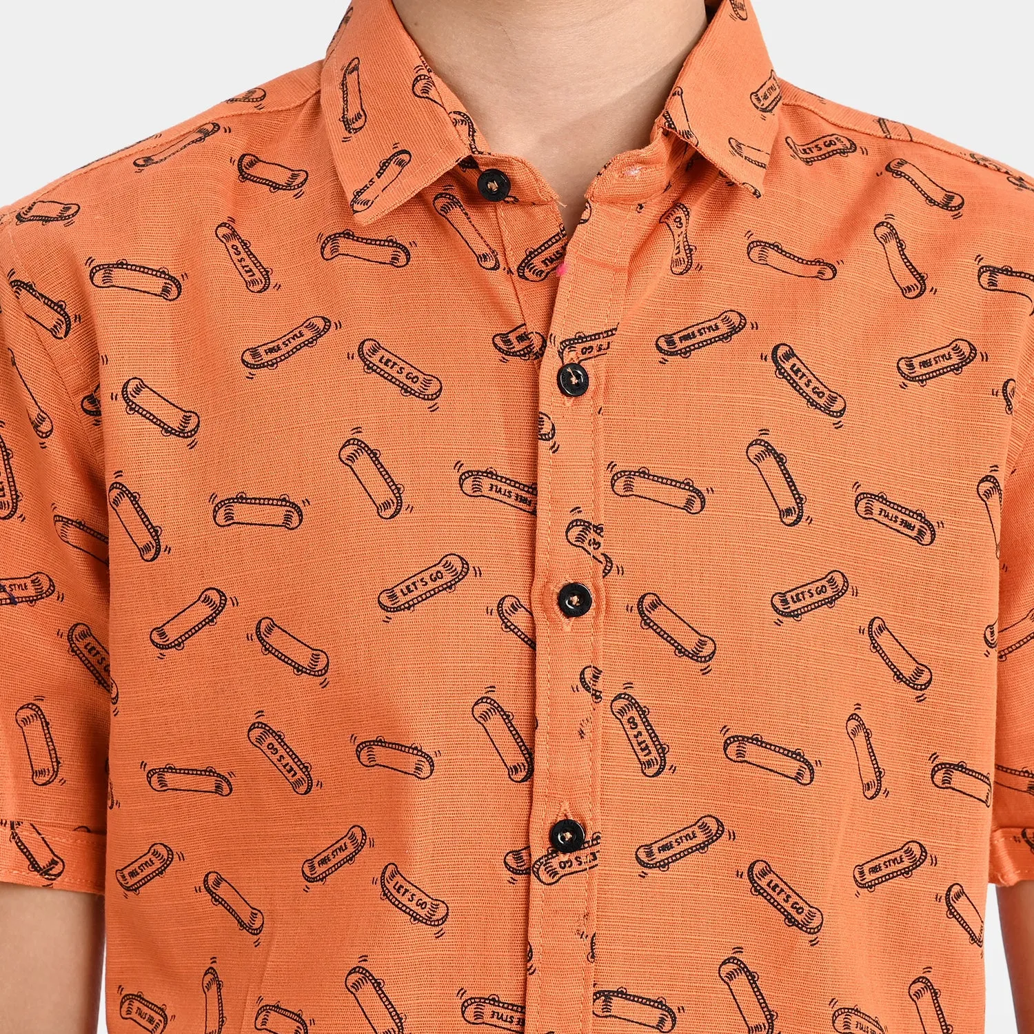 Boys Cotton Slub Casual Shirt H/S (Skate All Day)-ORANGE