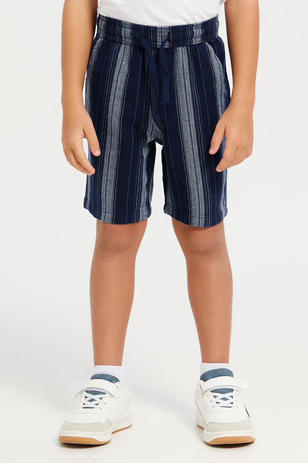 Boys Junior Navy 2Pcs Stripe Set Short Sleeve Shirt With Short