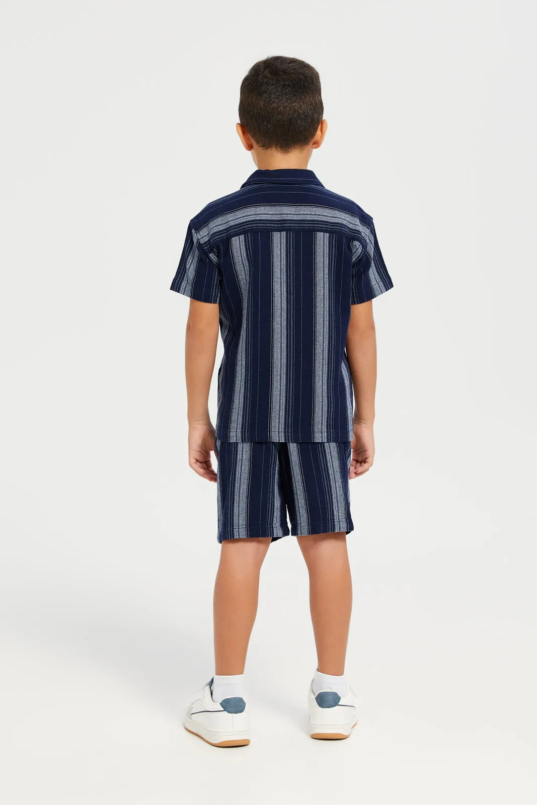 Boys Junior Navy 2Pcs Stripe Set Short Sleeve Shirt With Short