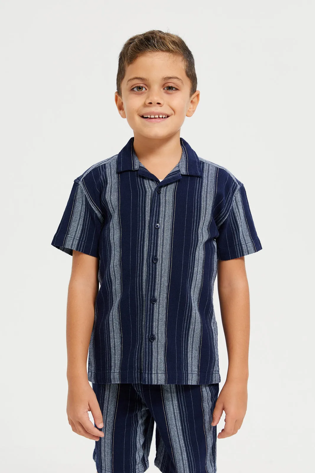 Boys Junior Navy 2Pcs Stripe Set Short Sleeve Shirt With Short