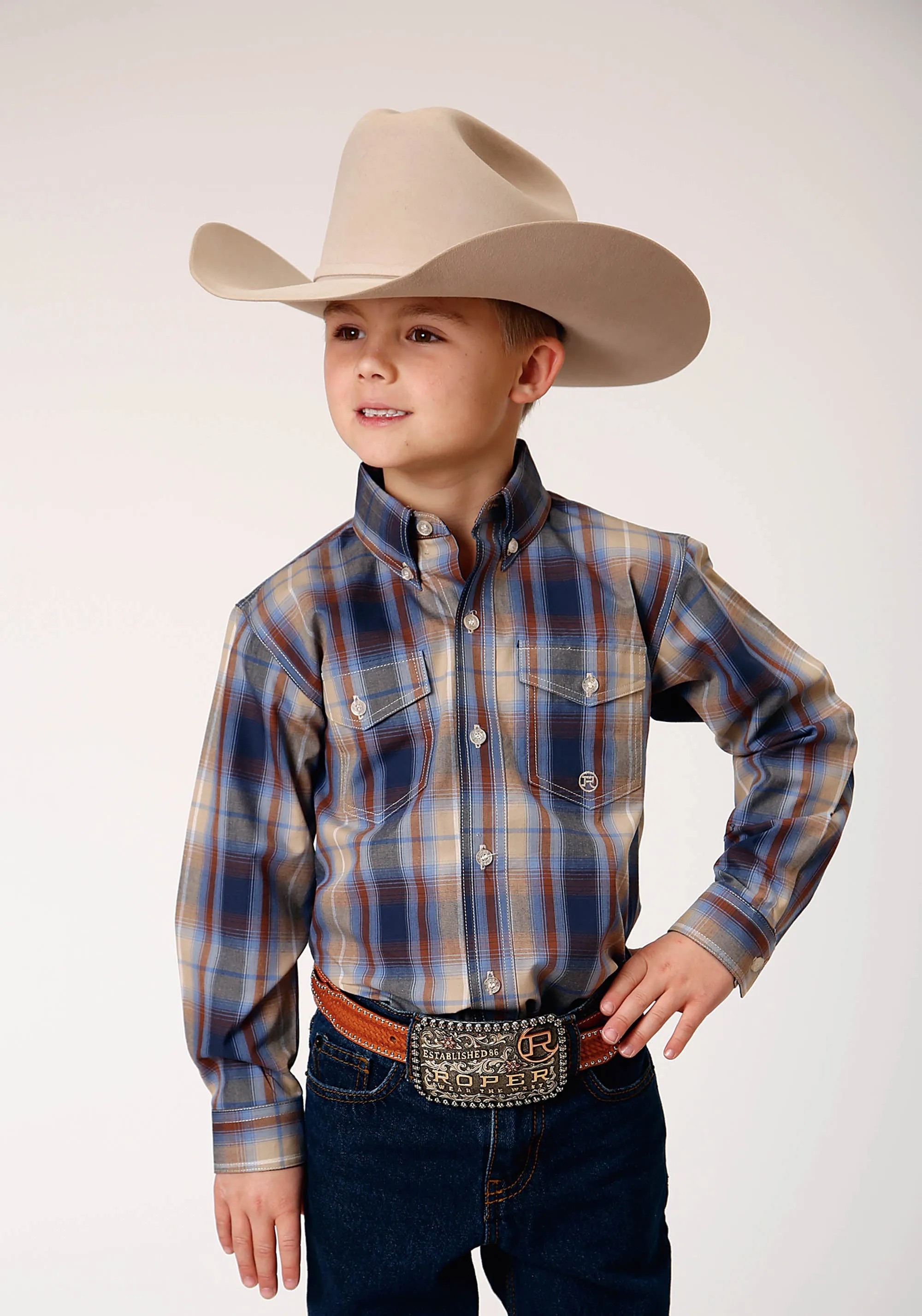 BOYS LONG SLEEVE BUTTON RANCH PLAID WESTERN SHIRT