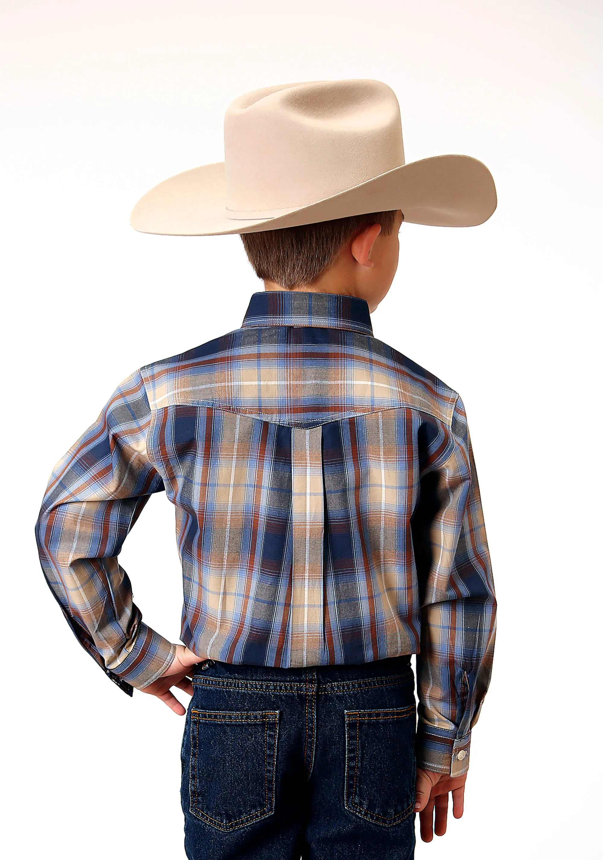 BOYS LONG SLEEVE BUTTON RANCH PLAID WESTERN SHIRT