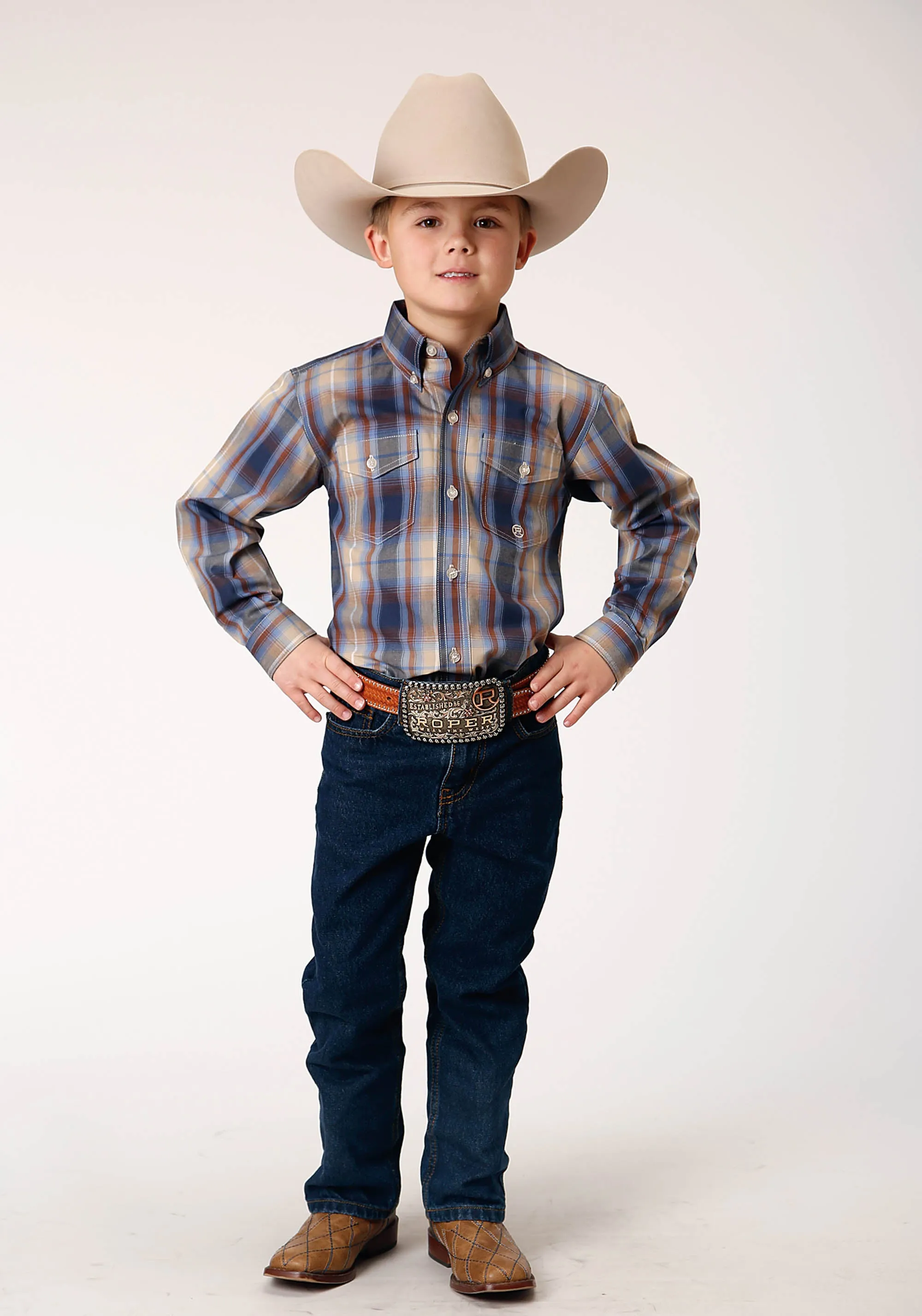 BOYS LONG SLEEVE BUTTON RANCH PLAID WESTERN SHIRT