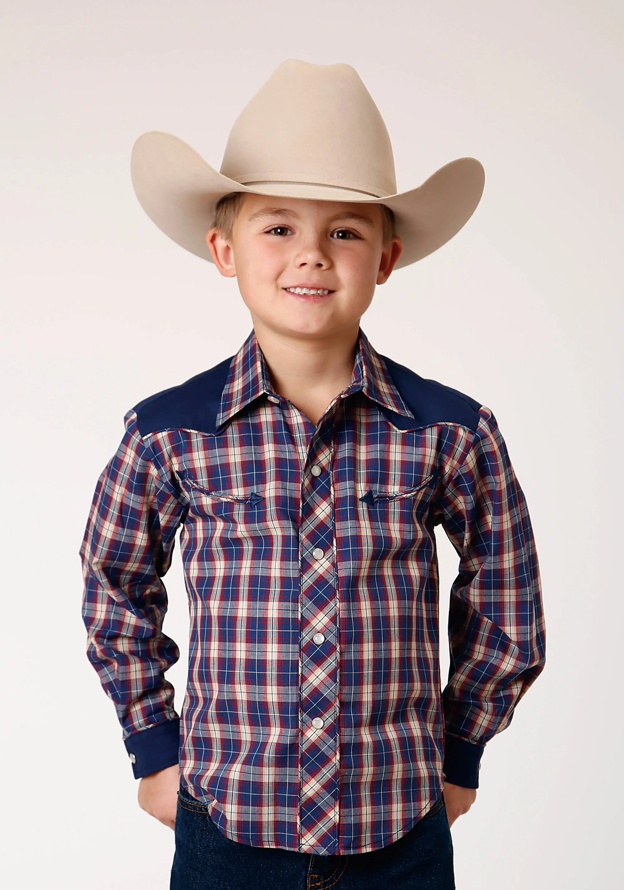 BOYS LONG SLEEVE SNAP NAVY RED CREAM PLAID WESTERN SHIRT WITH SOLID YOKES AND SMILE POCKETS
