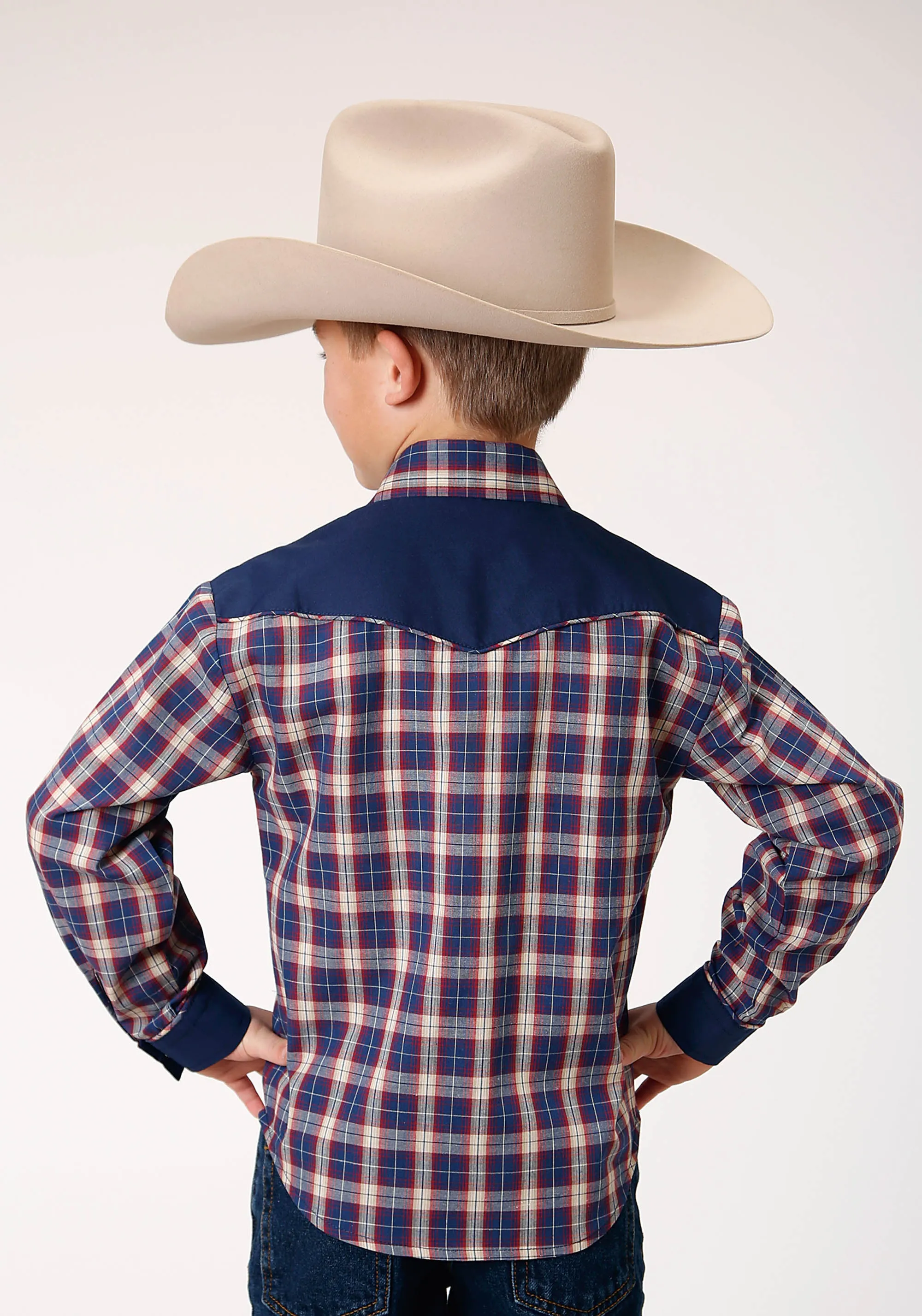 BOYS LONG SLEEVE SNAP NAVY RED CREAM PLAID WESTERN SHIRT WITH SOLID YOKES AND SMILE POCKETS