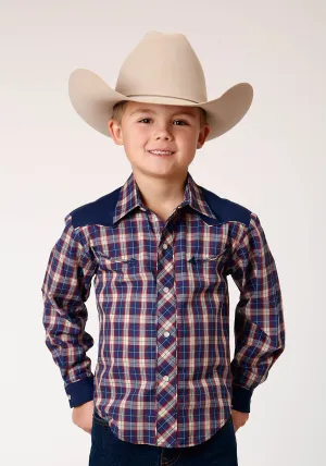BOYS LONG SLEEVE SNAP NAVY RED CREAM PLAID WESTERN SHIRT WITH SOLID YOKES AND SMILE POCKETS