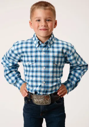 BOYS LONG SLEEVE SNAP NEW STRETCH CHECK  BLUE WESTERN SHIRT