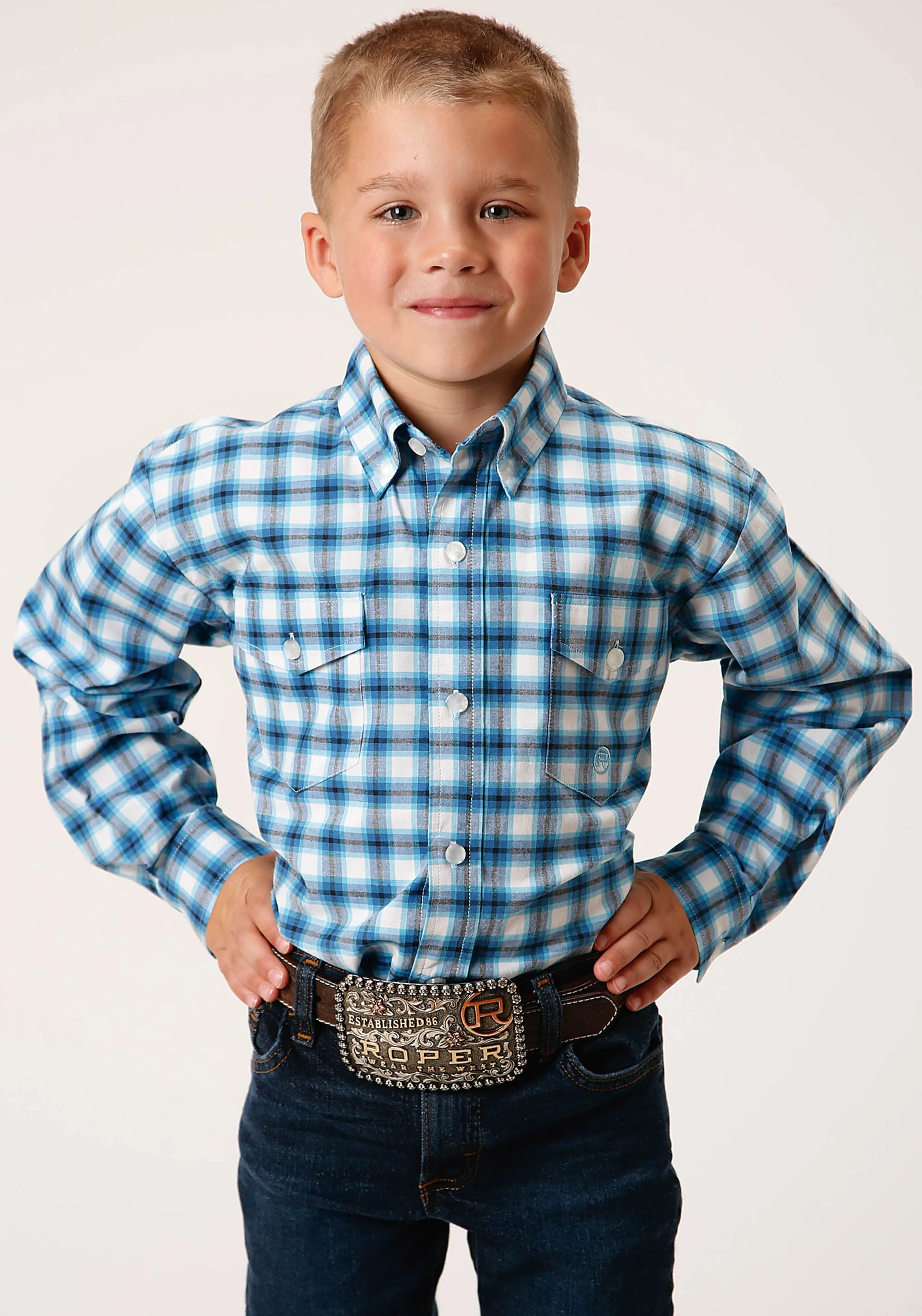 BOYS LONG SLEEVE SNAP NEW STRETCH CHECK  BLUE WESTERN SHIRT