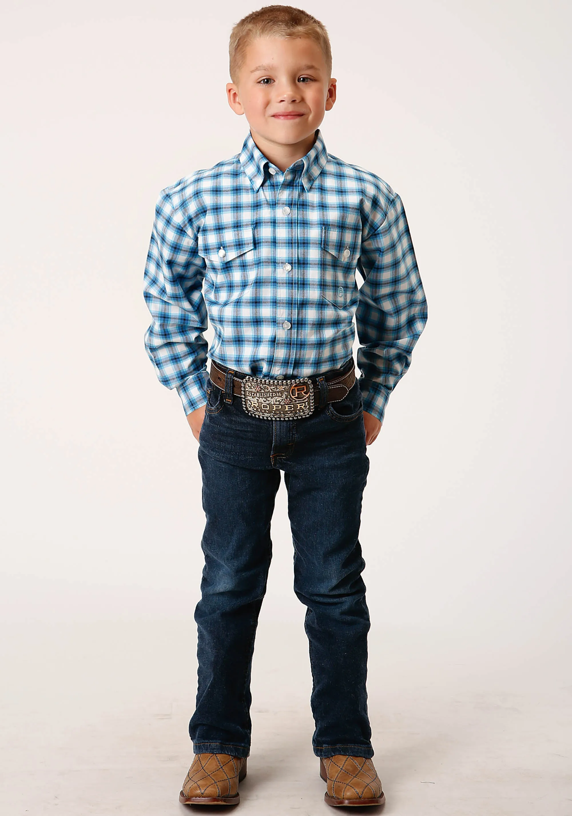 BOYS LONG SLEEVE SNAP NEW STRETCH CHECK  BLUE WESTERN SHIRT