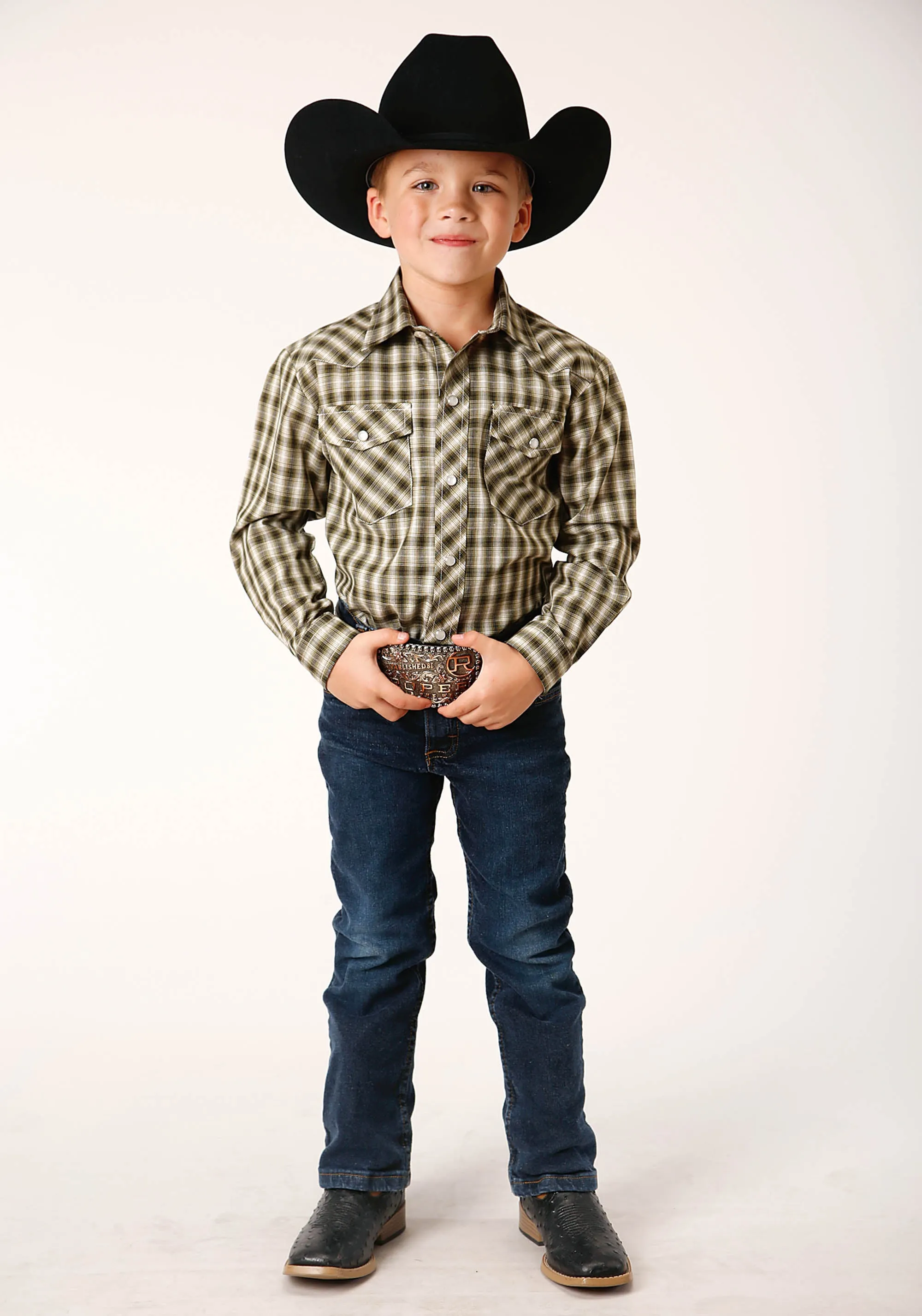 BOYS LONG SLEEVE SNAP OLIVE BLACK CREAM PLAID WESTERN SHIRT