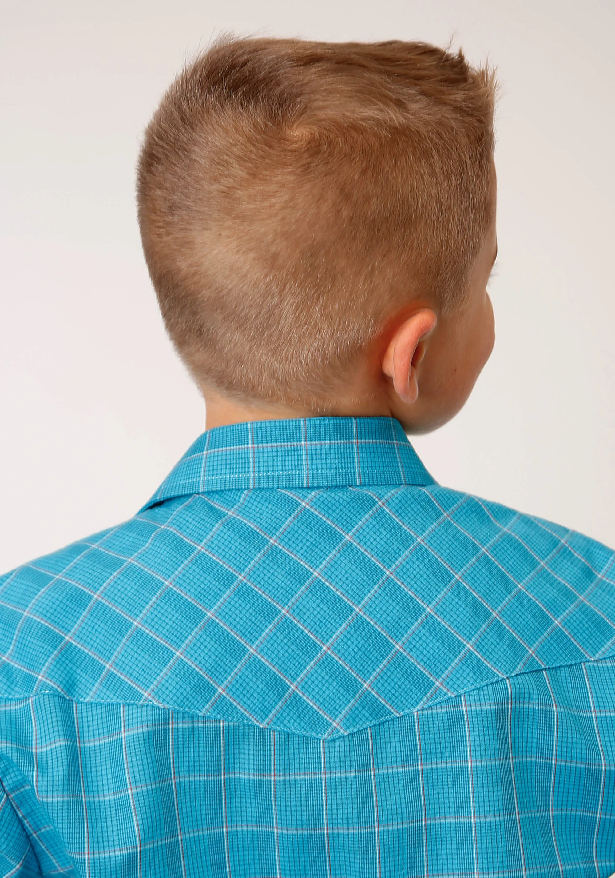 BOYS LONG SLEEVE SNAP TURQUOISE BLACK AND ORANGE WINDOWPANE PLAID WESTERN SHIRT