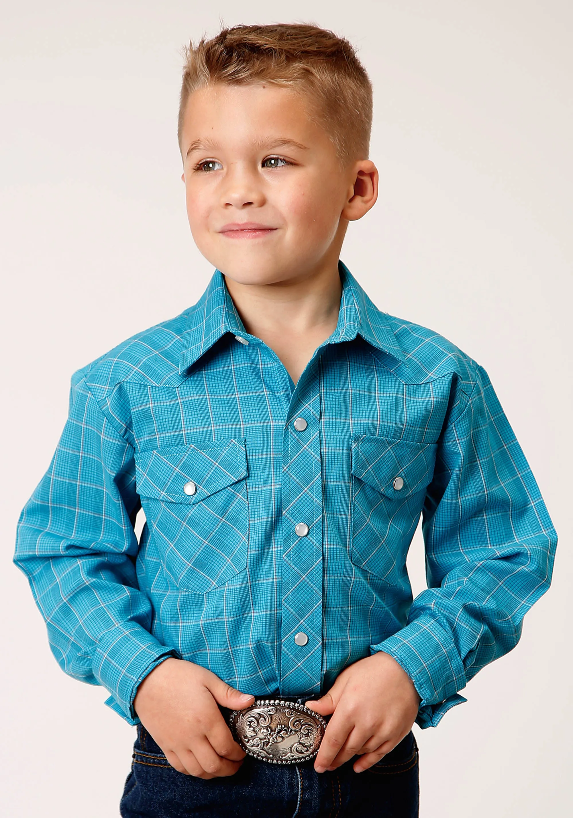 BOYS LONG SLEEVE SNAP TURQUOISE BLACK AND ORANGE WINDOWPANE PLAID WESTERN SHIRT