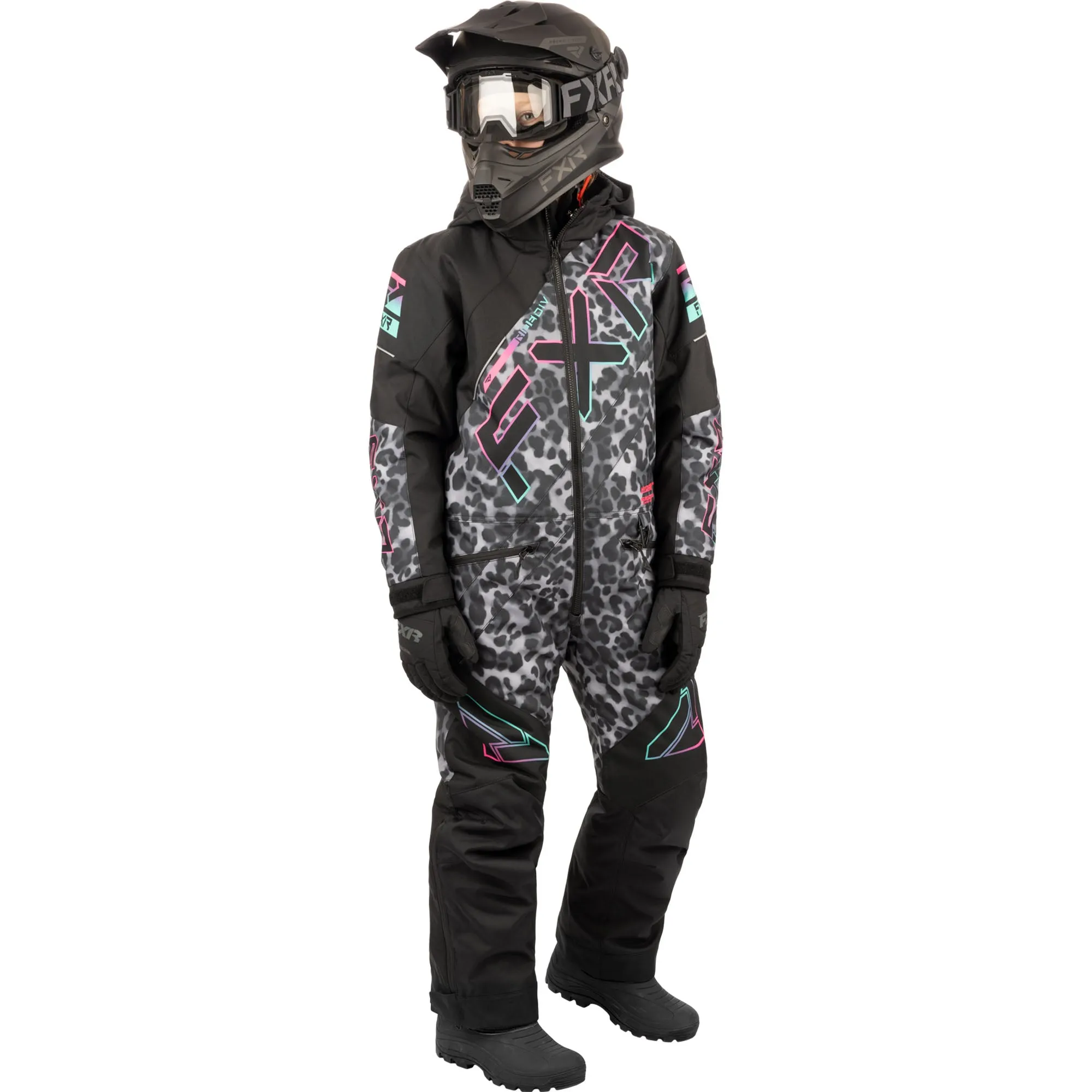 FXR Youth CX Snowmobile Monosuit Black Cheetah/Mint-E Pink