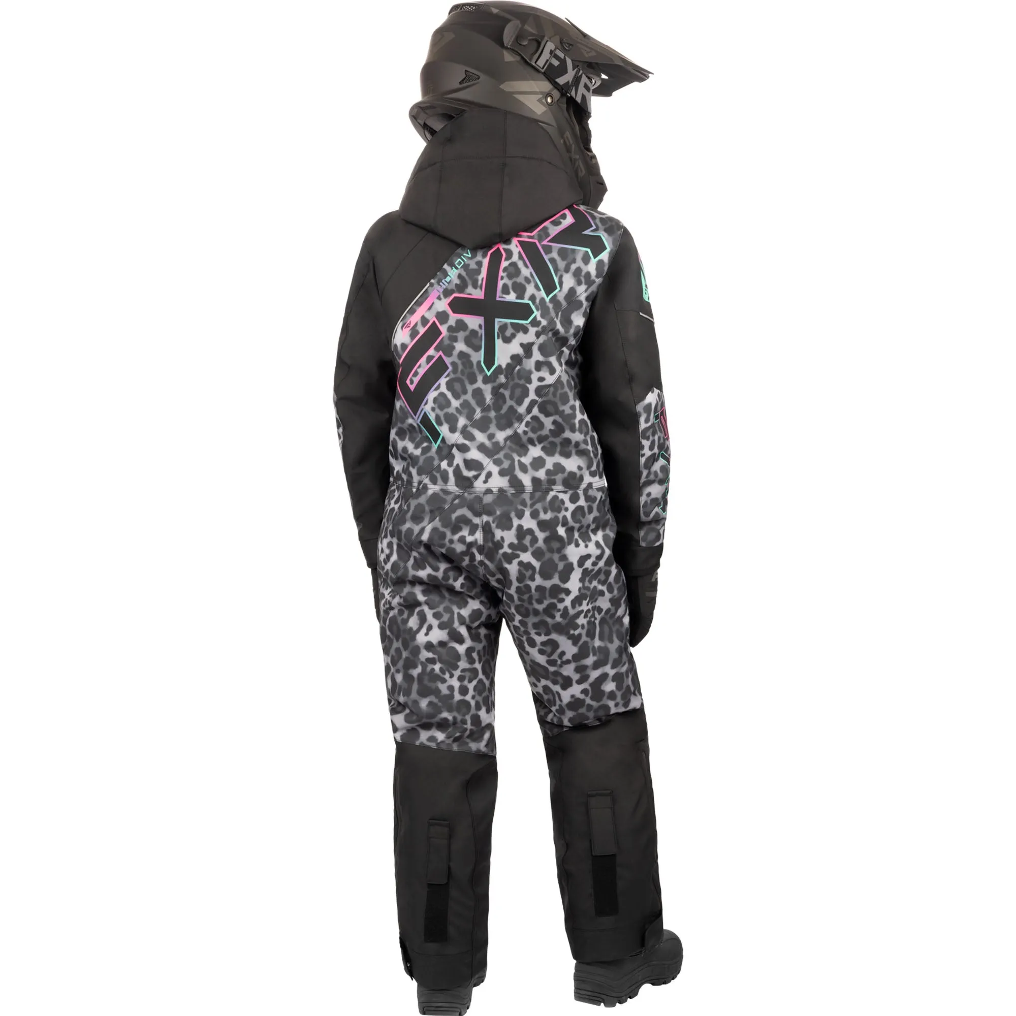 FXR Youth CX Snowmobile Monosuit Black Cheetah/Mint-E Pink