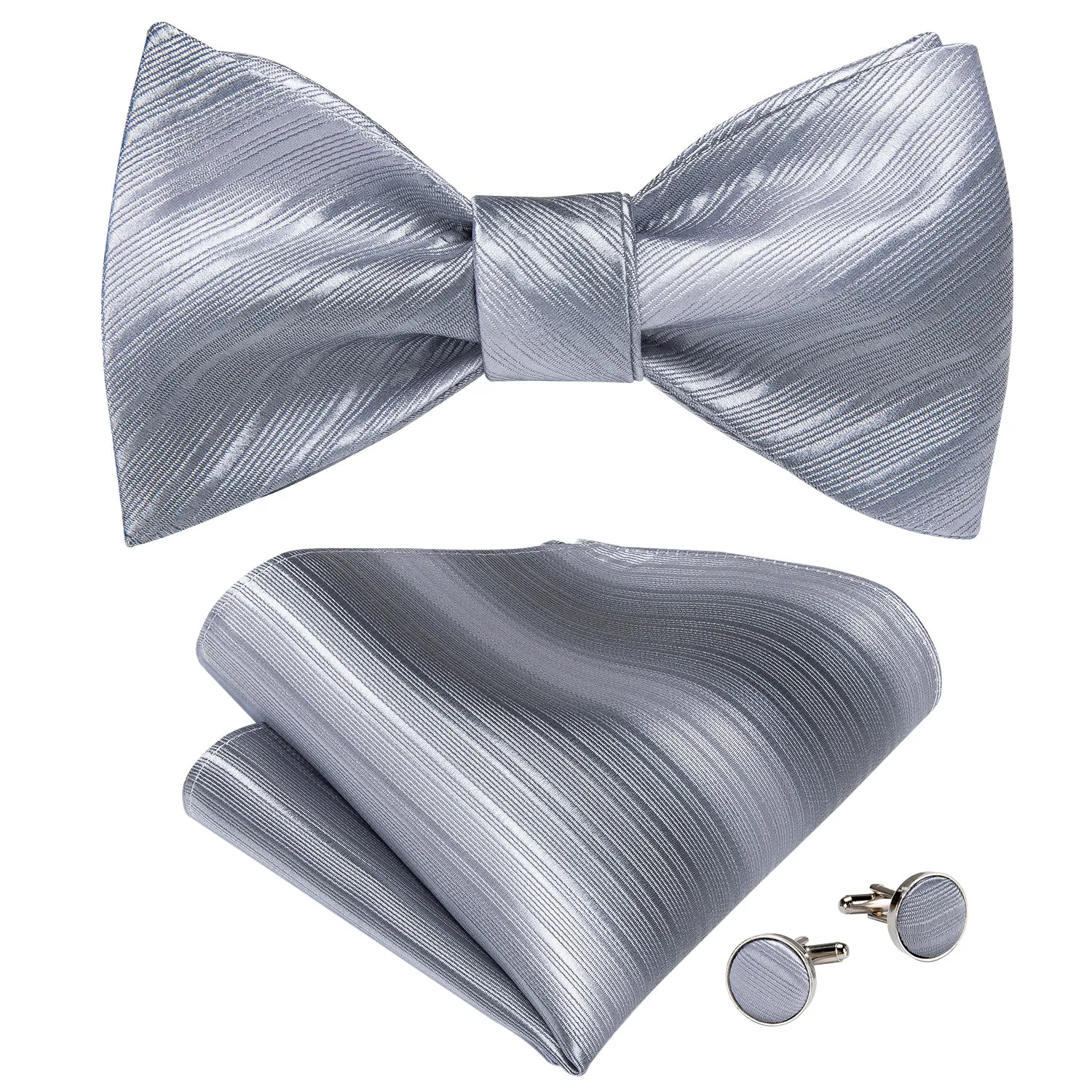 Grey Plaid Silk Self-Bowtie Pocket Square Cufflinks Set
