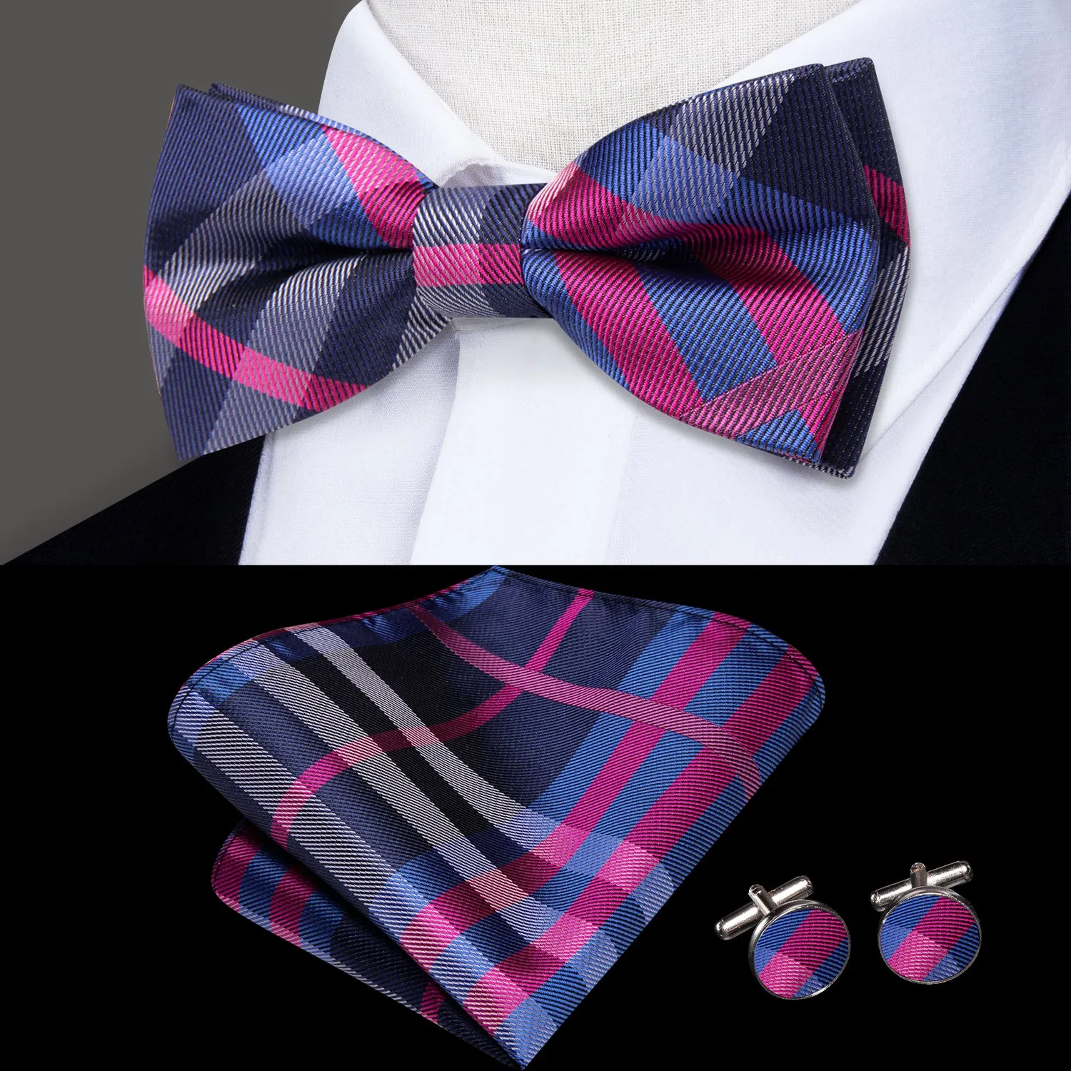 Hi-Tie Blue Pink Plaid Children's Kids Bow Tie Hanky Cufflinks Set