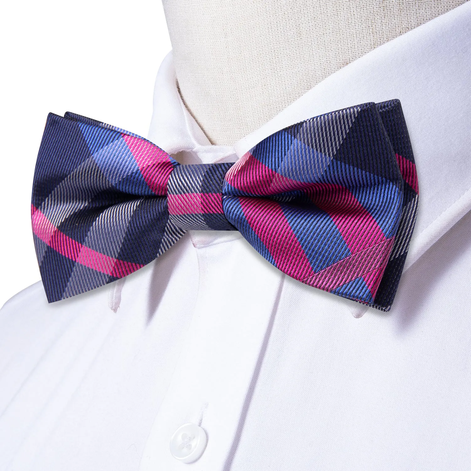 Hi-Tie Blue Pink Plaid Children's Kids Bow Tie Hanky Cufflinks Set