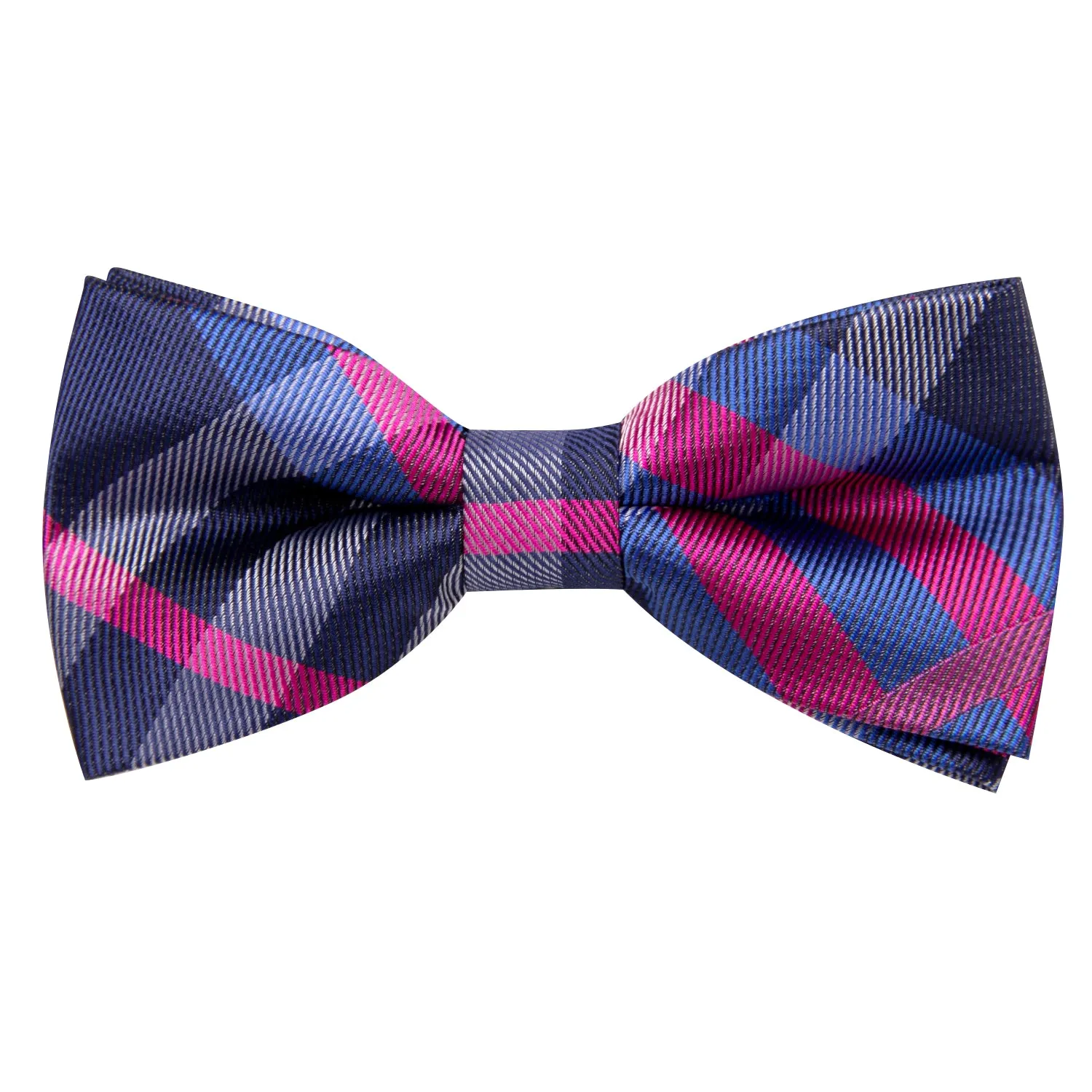 Hi-Tie Blue Pink Plaid Children's Kids Bow Tie Hanky Cufflinks Set