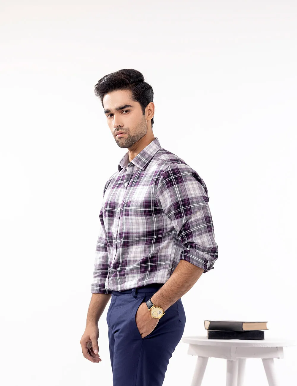 Mauve & White Glen Plaid Casual Shirt