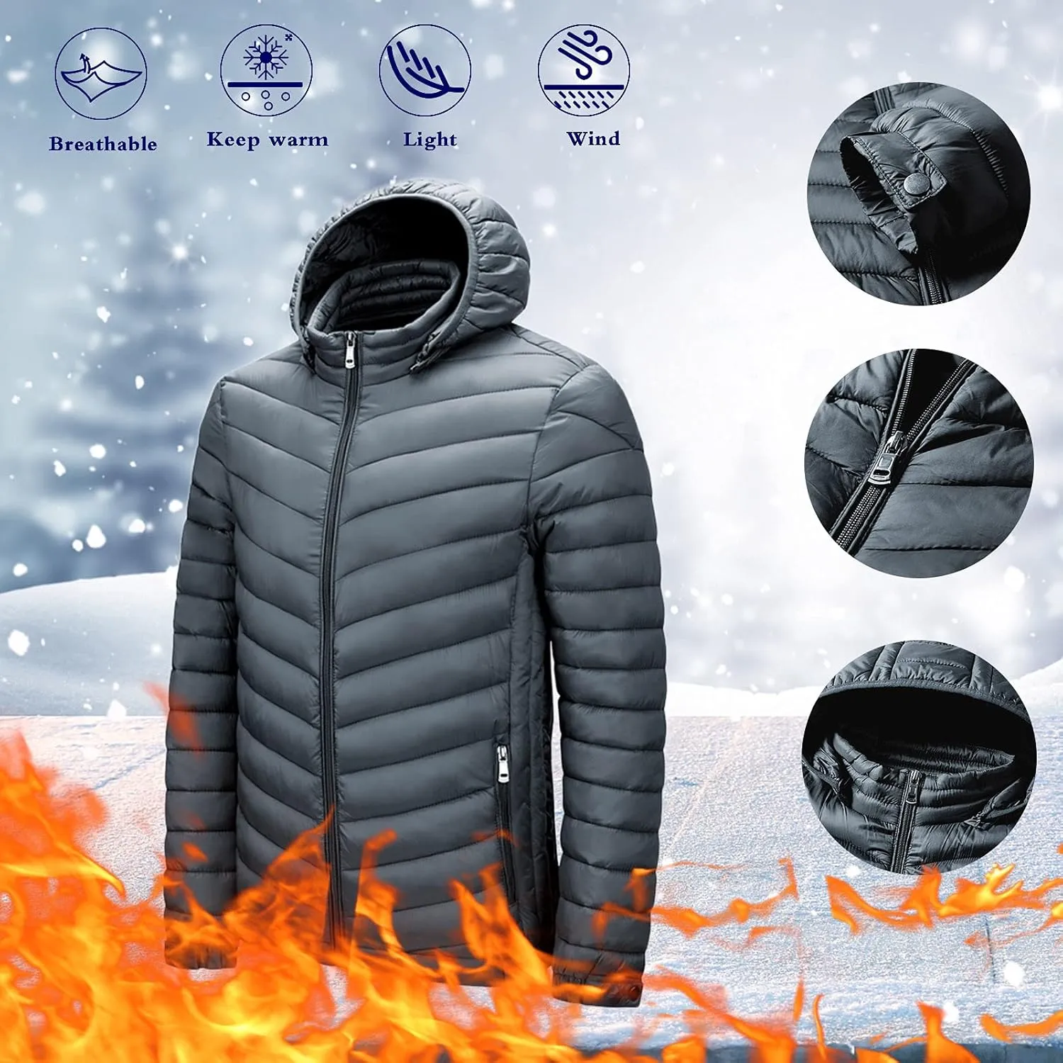 Mens Bubble Puffer Jacket Detachable Hood Warm Puffy Winter Thicken Padded Down Jackets Quilted Coat Windproof Outwear