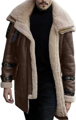 Mens Faux Leather Jacket Cozy Sherpa Fleece Lined Bomber Jackets Winter Coat Heavyweight Suede Fur Trench Coat