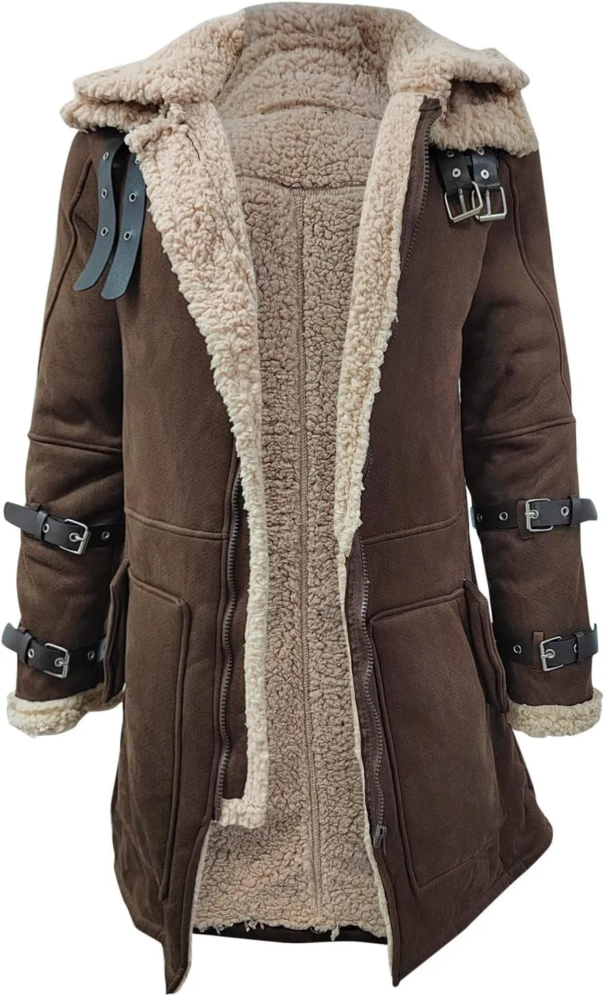 Mens Faux Leather Jacket Cozy Sherpa Fleece Lined Bomber Jackets Winter Coat Heavyweight Suede Fur Trench Coat