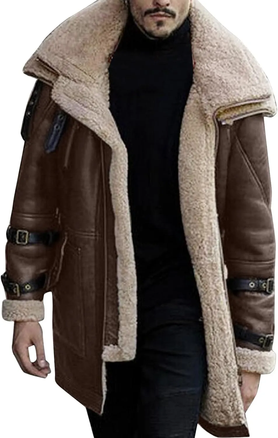Mens Faux Leather Jacket Cozy Sherpa Fleece Lined Bomber Jackets Winter Coat Heavyweight Suede Fur Trench Coat