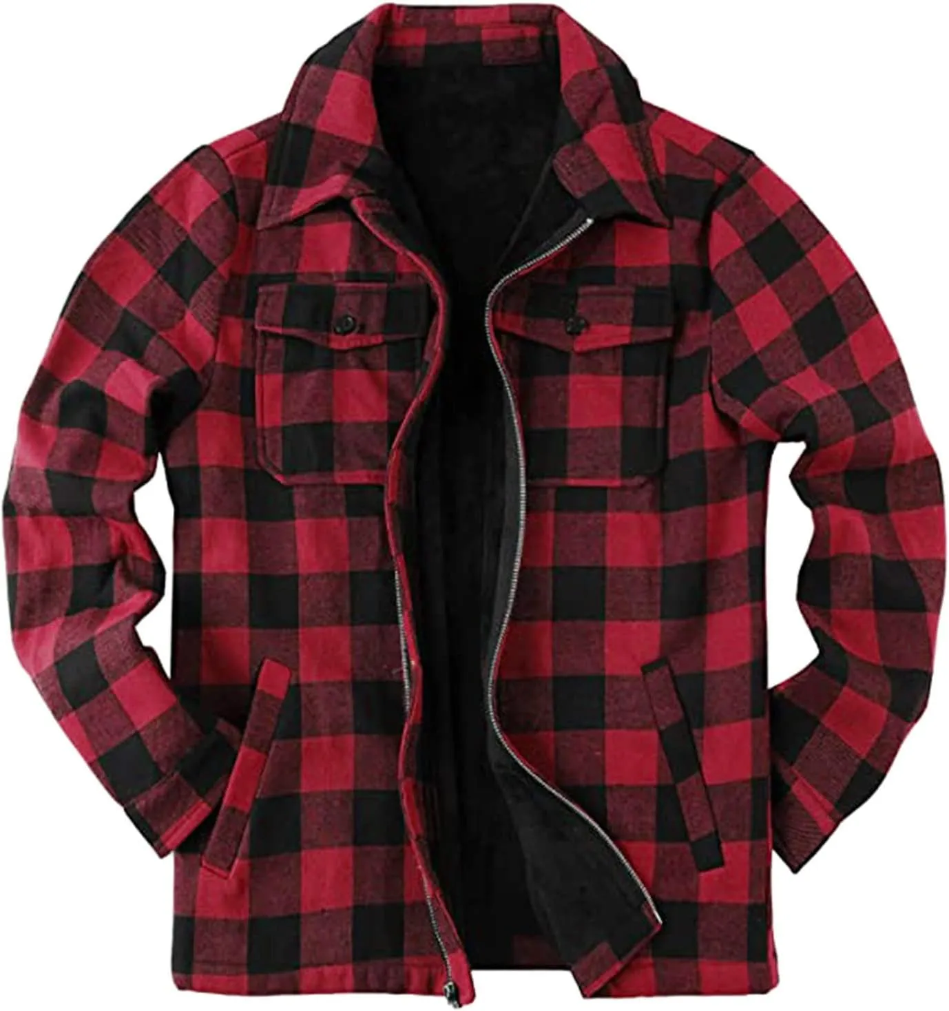 Mens Fleece Flannel Plaid Shirt Jacket Outwear Winter Coats Sherpa Lined Full Zip Hooded Plaid Shirt Jacket Thermal Coat