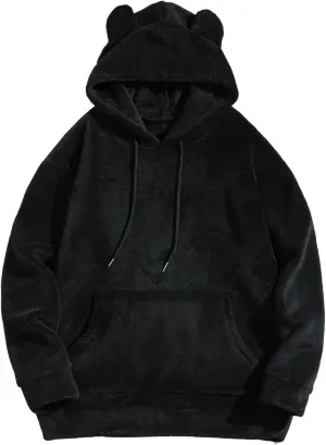 Mens Fuzzy Soft Hoodies Solid Color Homewear Coral Fleece Sweatshirts Winter Warm Funny Bear Ears Pullover Long Sleeve