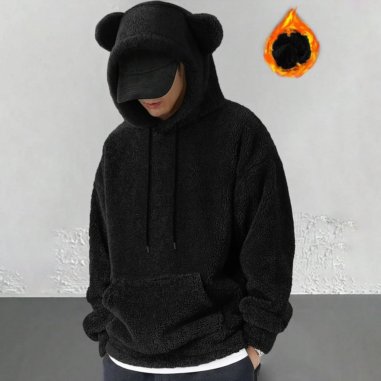 Mens Fuzzy Soft Hoodies Solid Color Homewear Coral Fleece Sweatshirts Winter Warm Funny Bear Ears Pullover Long Sleeve