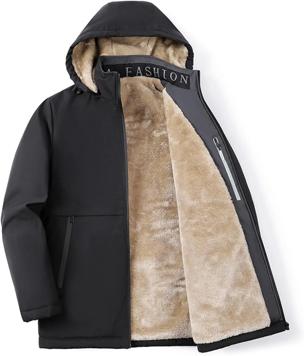 Men's Hooded Puffer Jacket Winter Warm Fleece Lined Padded Jacket Casual Full Zip Down Jackets Coats with Removable Hood