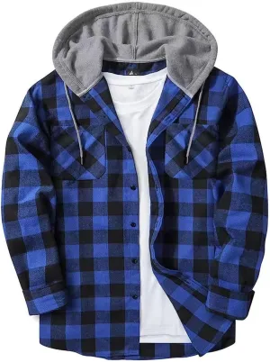 Men's Plaid Hooded Shirts Casual Long Sleeve Lightweight Shirt Button Down Flannel Plaid Jckets with Pocket