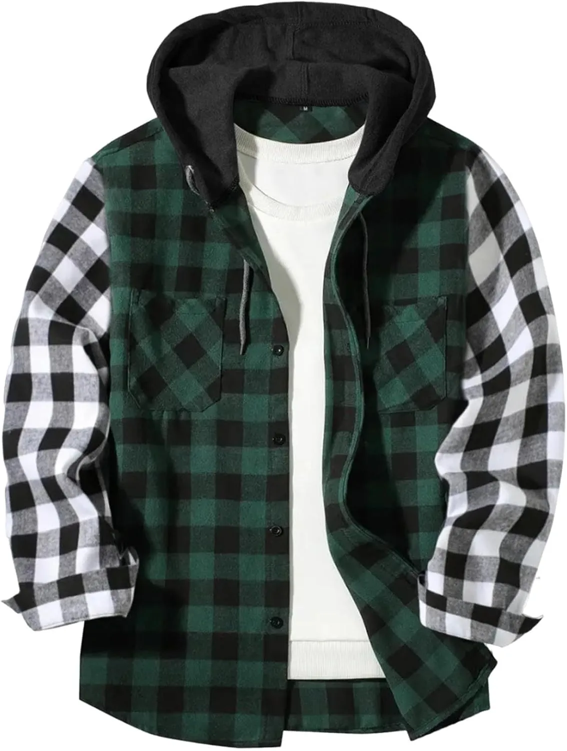 Men's Plaid Hooded Shirts Casual Long Sleeve Lightweight Shirt Button Down Flannel Plaid Jckets with Pocket