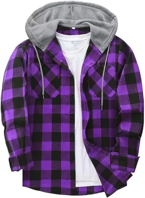 Men's Plaid Hooded Shirts Casual Long Sleeve Lightweight Shirt Button Down Flannel Plaid Jckets with Pocket