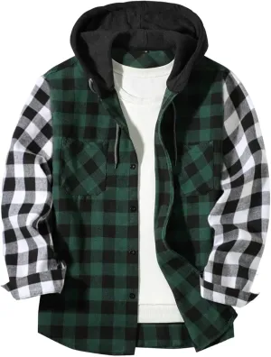 Men's Plaid Hooded Shirts Casual Long Sleeve Lightweight Shirt Button Down Flannel Plaid Jckets with Pocket