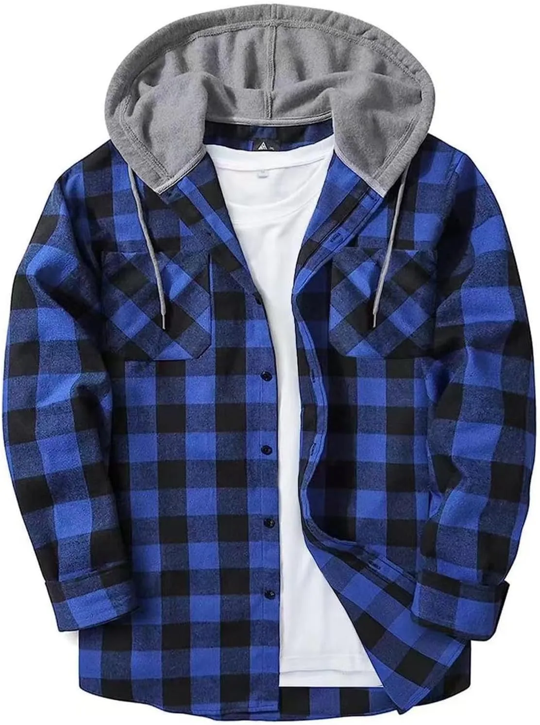 Men's Plaid Hooded Shirts Casual Long Sleeve Lightweight Shirt Button Down Flannel Plaid Jckets with Pocket