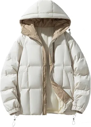 Mens Puffer Jacket with Hood Lightweight Full Zip Plus Size Warm Down Jacket Long Sleeve Casual Padded Warm Winter Coats