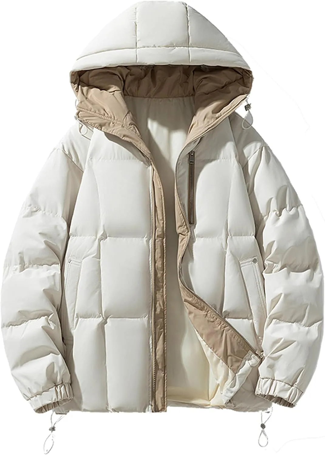 Mens Puffer Jacket with Hood Lightweight Full Zip Plus Size Warm Down Jacket Long Sleeve Casual Padded Warm Winter Coats