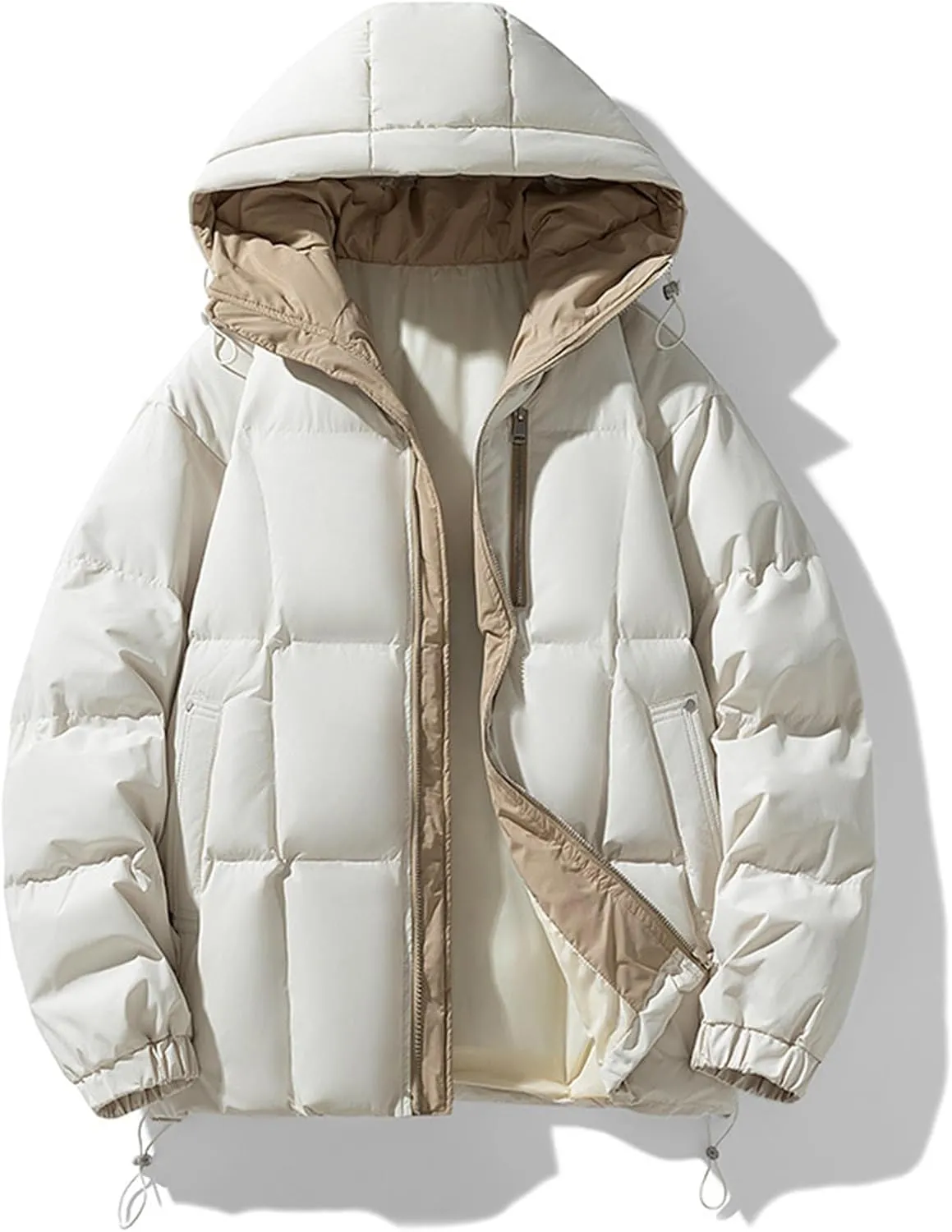 Mens Puffer Jacket with Hood Lightweight Full Zip Plus Size Warm Down Jacket Long Sleeve Casual Padded Warm Winter Coats