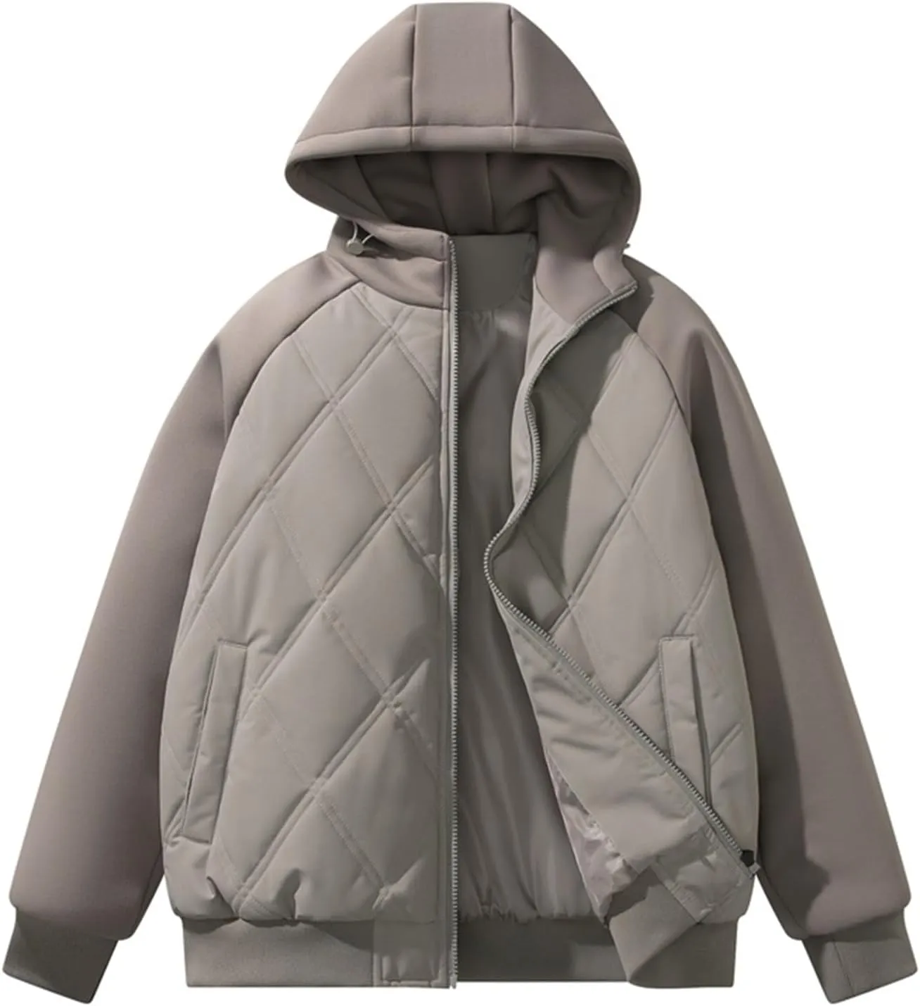 Mens Puffer Jacket Zip up Quilted Hoodie Lightweight Hooded Down Jacket Warm Padded Jackets Thermal Winter Coat